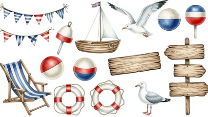 A serene seaside scene featuring a sailboat, seagulls, and beach accessories, viewed from a tranquil coastal perspective.