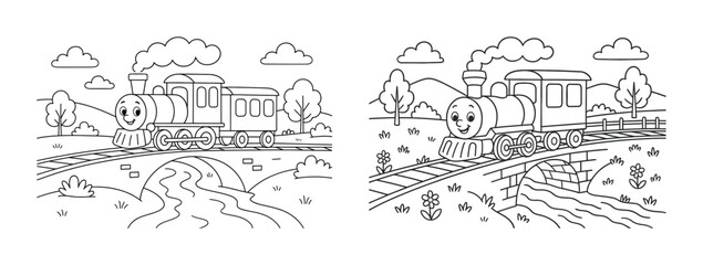 Obraz premium Cartoon train on bridge in nature - black and white line art for kids