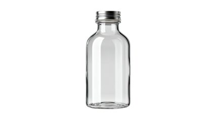 A transparent, cylindrical glass bottle with a metallic screw cap, set against a black backdrop