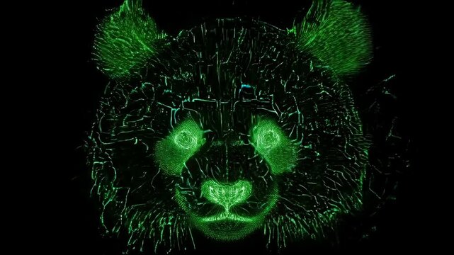 Digital panda head illuminated in green against a black backdrop