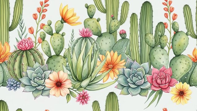 Vibrant Desert Florals and Cacti in Bloom from a Close-Up Viewpoint