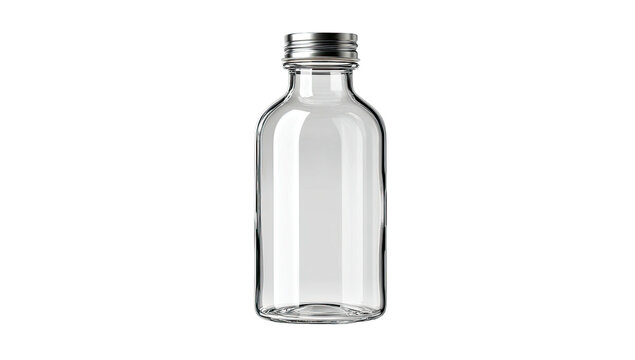 A transparent, cylindrical glass bottle with a metallic screw cap, set against a black backdrop
