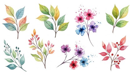 Vibrant Watercolor Floral Illustrations Featuring Delicate Blooms and Foliage