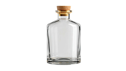 Clear glass bottle with cork stopper, standing upright, with a simple, elegant design
