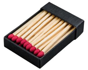 A close-up shot of an opened box containing several wooden matchsticks with red tips