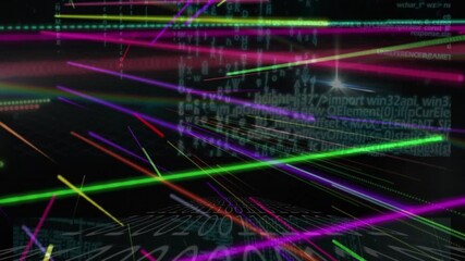 Animation of light trails and neon shapes over data processing on black background - Powered by Adobe