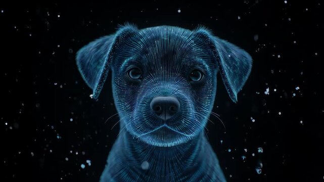 A digital puppy's face composed of glowing blue lines. Black background