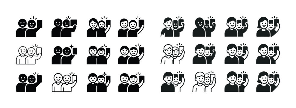 Black and white icon set of diverse people taking selfies