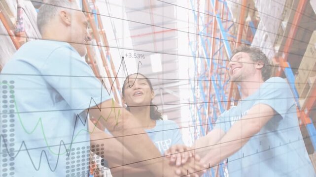 Animation of data processing over diverse male and female volunteers staking their hands together