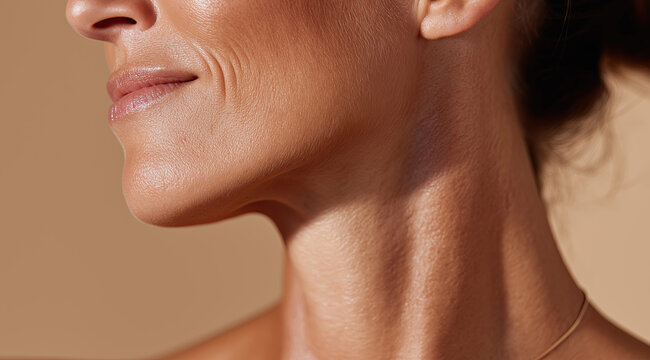 Closeup neck and jawline show mature skin texture under warm light.
