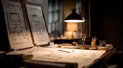 Detailed plans on a desk, illuminated by a lamp in a dim room with rolled blueprints
