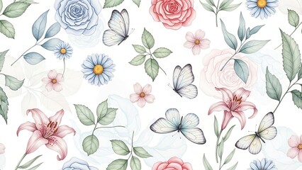 A serene floral pattern featuring butterflies and pastel flowers on a white background, viewed from directly above.