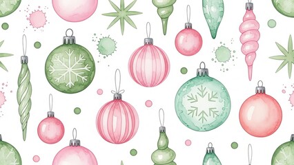 A festive arrangement of green and pink Christmas ornaments and decorations on a white background viewed from directly above.
