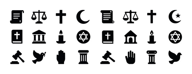 Religious symbols collection: cross, star, crescent, justice, peace