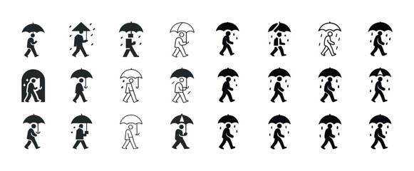 Walking in the rain: umbrella icon set with people