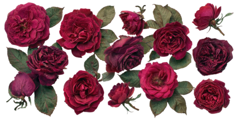 Collage of red roses with green leaves against a black background, various perspectives