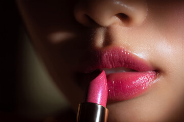 Young woman applying shiny pink lipstick makeup