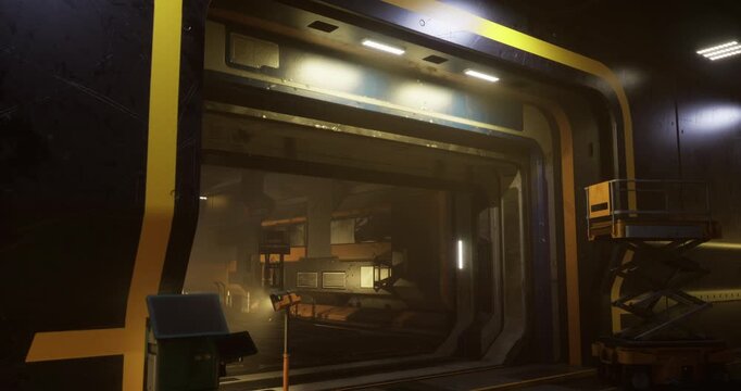 A sleek laboratory entrance features bold yellow and blue lines, with soft lighting creating an atmospheric effect. Equipment is arranged neatly, emphasizing a high tech environment.