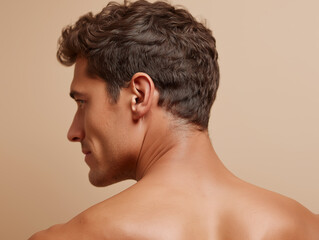Naklejka premium Male profile shows bare shoulders and neck with soft studio lighting.