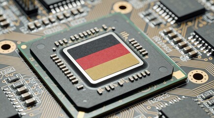 German flag overlay on a semiconductor CPU chip installed on a realistic motherboard.
