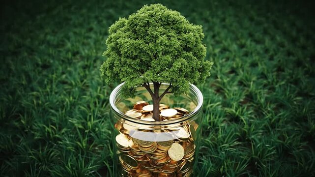 A vibrant green tree grows from a clear glass filled with golden coins, symbolizing growth and wealth in a natural setting