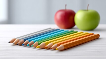 Naklejka premium Fresh Start School Preparation with Colorful Pencils and Apples on a Table