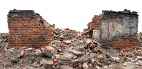 Remains of a structure destroyed.  Ruined brick walls and debris form a landscape