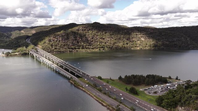Wide aerial panorama over Hawkesbury river Broken Bay Motorway 1 Mooney Mooney.