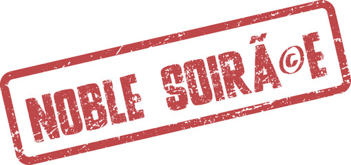Red grunge rubber stamp mark with the words Noble Soiree for formal event invitations and classy celebrations