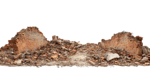 A pile of rubble and debris, showcasing a collection of broken bricks and stones against black backdrop