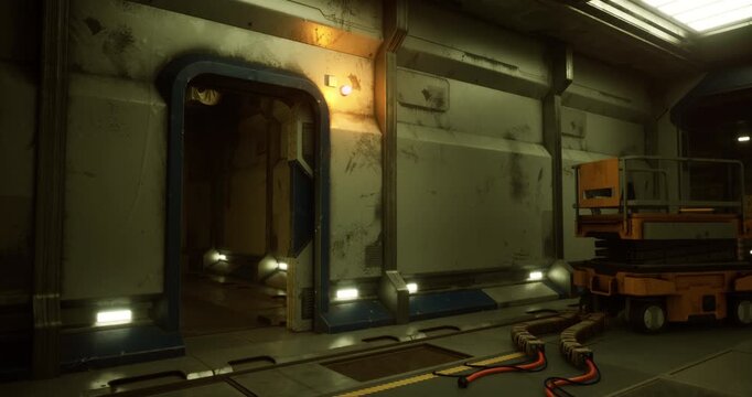 A corridor in a laboratory setting features dim lighting and weathered walls. Equipment and rails indicate ongoing research activities in a high tech environment.