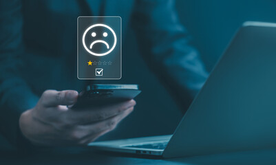 Review of bad customer feedback and rating shows poor quality, negative experience, dissatisfied users, and declining business reputation from online opinions. Survey of opinion service, 1-star review