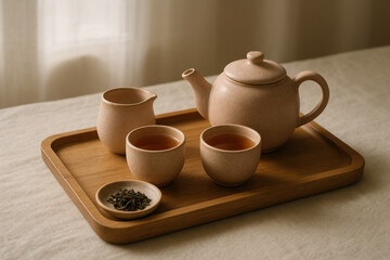 Tea set on wooden tray with peach dust ceramics in quiet morning light
