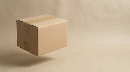 Simple brown cardboard box floating above a kraft paper surface