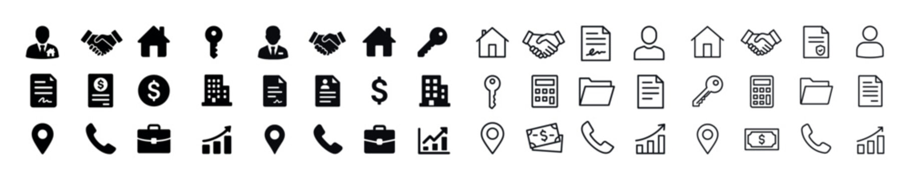 Business and real estate icon set: handshake, documents, and finance symbols