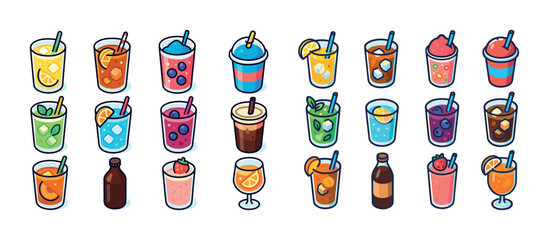 Colorful assorted beverages with ice and fruits in cute cups