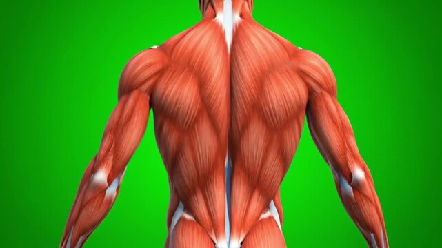 Detailed illustration of a muscular human back with visible anatomy against a green background.