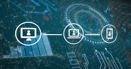 Animation of digital icons over digital interface with data processing and network of connections - Powered by Adobe