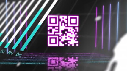 Animation of qr code flashing over neon hexagons - Powered by Adobe