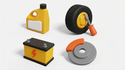 Four cartoon-style automotive repair icons including oil, tire, battery, and brake car parts maintenance