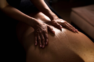Woman hands of masseur does medical massage for human patient back, close-up. Relaxing massage of man in shadow in dark medical spa office. Healthy rehabilitation massaging concept. Copy ad text space