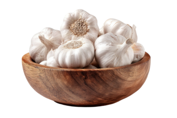 Close-up of a wooden bowl filled with multiple fresh, white garlic bulbs