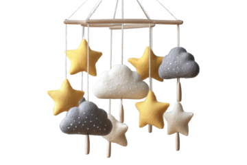 A handmade baby crib mobile featuring stars and clouds in soft pastel colors, suspended by wooden rods