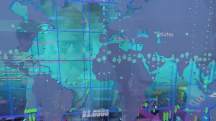 Animation of financial data processing and world map over diverse business people - Powered by Adobe