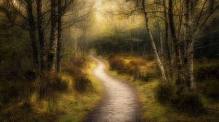 Fototapeta premium A winding muddy path through a dense thorny forest with dappled sunlight filtering through the trees creating a serene and tranquil natural woodland scene