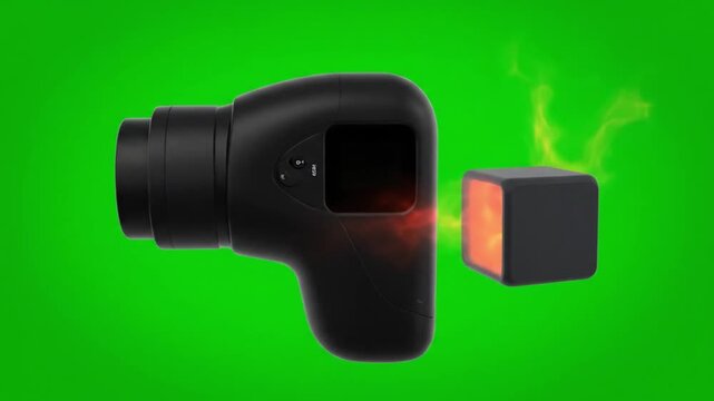 Close-up of a laser gun firing a red beam at a cube on a green background