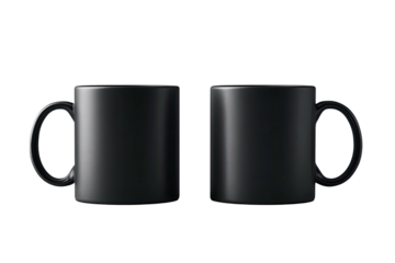 Two matte black ceramic mugs, side-by-side, against a deep black background