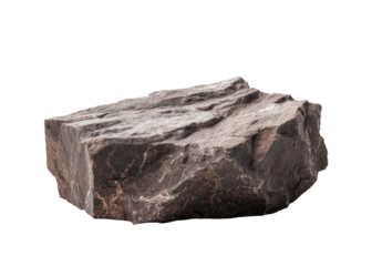 A close-up view of a rugged, weathered rock isolated on a black background, with detailed textures