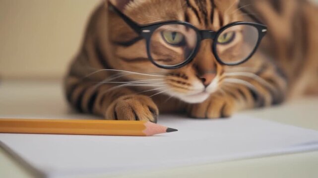 Cat wearing glasses playing with a pencil on paper, cute animal footage with playful and creative mood.