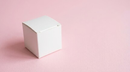 Obraz premium Small white cube box presented on a soft pastel pink background